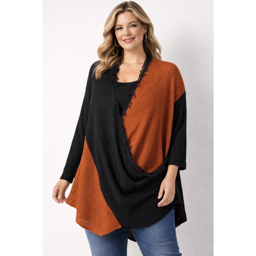BloomChic Colorblock Cardigan Womens Plus Size 28 Black Orange Draped New